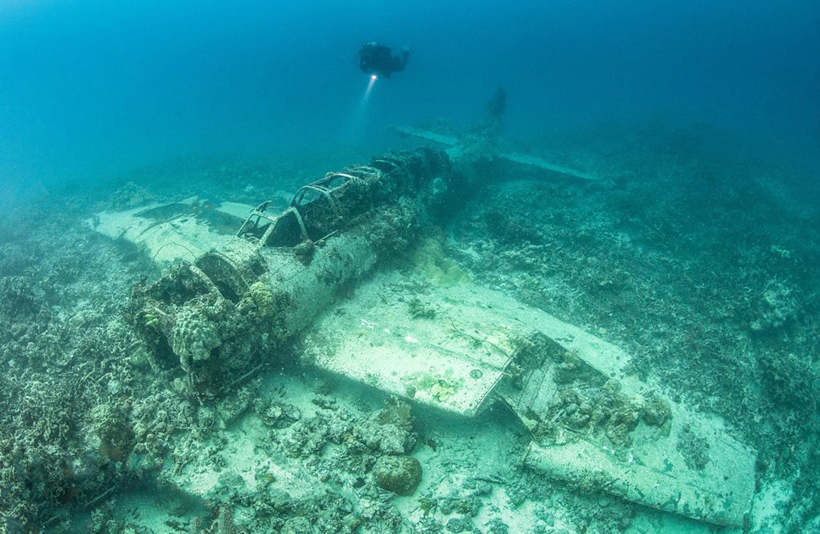 Останки затонувшего самолёта, сбитого во время операции Хэйлстоун, остров Вено, атолл Чуук, Тихий океан. Моря и океаны, интересное, подводный мир