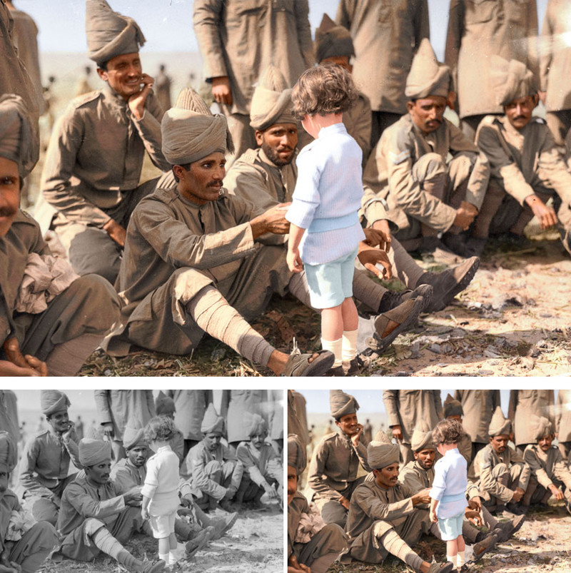 Французский мальчик знакомится с индийскими солдатами