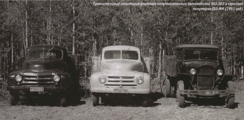 Сравнительные испытания УАЗ-302 и ГАЗ-ММ, 1951 год. УАЗ-302 отличался от УАЗ-300 деревянным кузовом от ГАЗ-ММ и двускатной ошиновкой задних колёс.