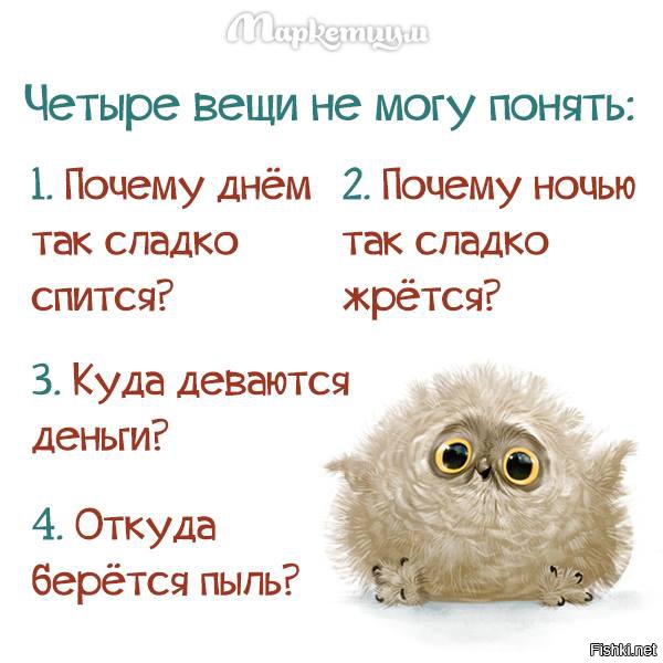 4 вещ. Четыре вещи не могу понять почему. Почему днем так сладко спится. Откуда берется пыль и куда деваются деньги. Никак не могу понять лучшие.