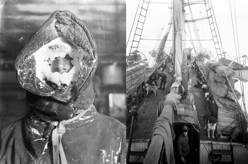 На фото слева: Снежная маска на лице одного из членов команды. На фото справа: Ездовые собаки на корабле.