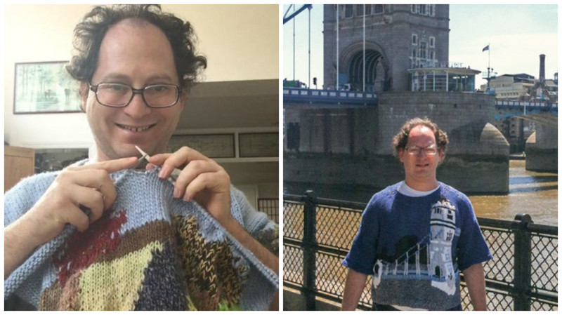 Для того, чтобы справиться с болезнью, парень вяжет свитера с изображением всех мест, где он побывал
