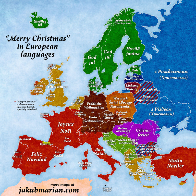 Так на европейских языках будет звучать фраза "с Рождеством"