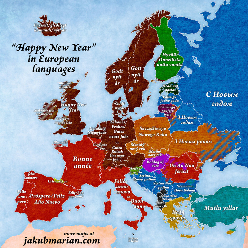 Так на европейских языках будет звучать фраза "с Новым годом"