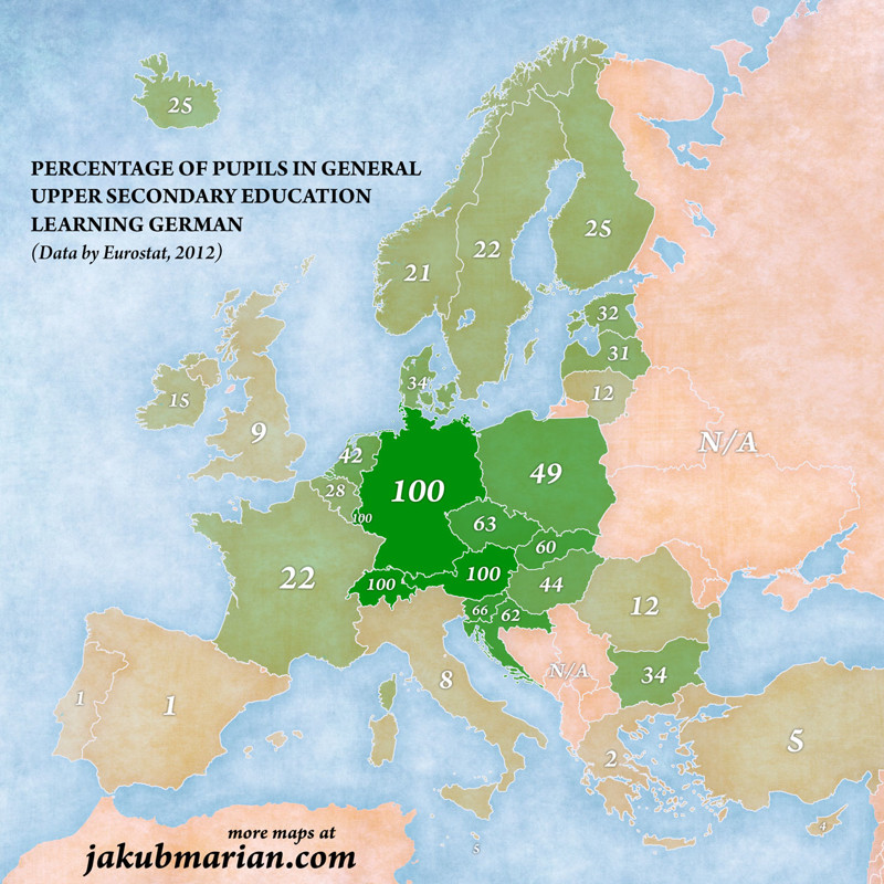 Процент учащихся в старших классах, который изучает немецкий язык