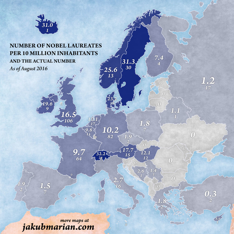 Нобелевских лауреатов на 10 000 000 жителей (и актуальное число на августа 2016)