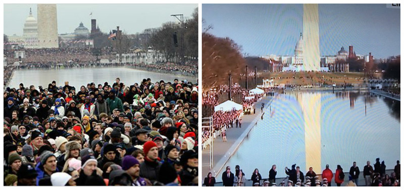 Традиционный концерт, устраиваемый новым Президентом в день инаугурации, собирает толпу около Белого дома. Слева толпа в 2009 году (Обама), справа 2017 год (Трамп)