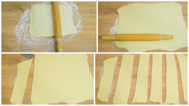 Тесто раскатываем толщиной 3-4 мм и нарезаем полосками по 3-4 см толщиной