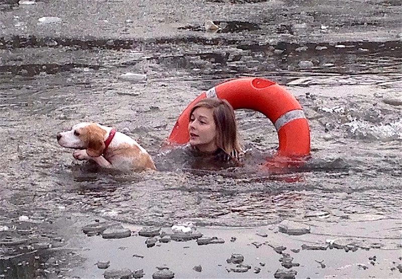 Спасение пса из ледяной воды