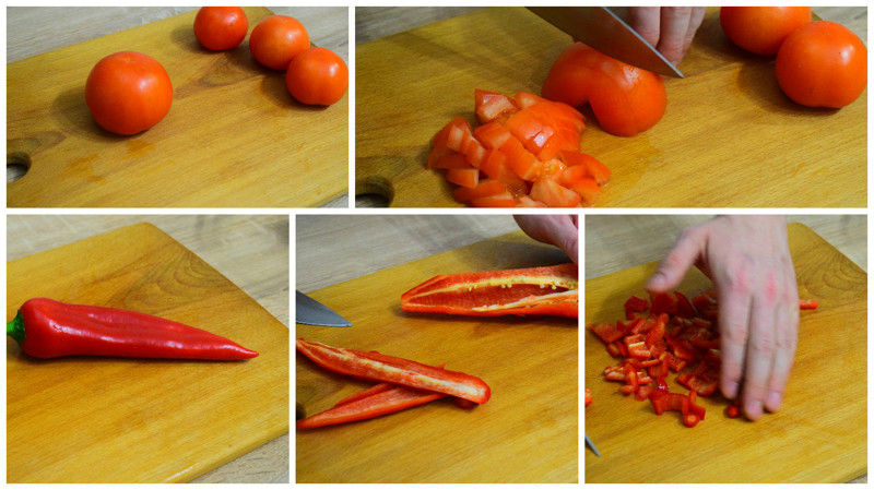 Мелко нарезаем помидоры, сладкий перец, острый жгучий перец (режем мелко, удаляем семена. Осторожно! Берегите глаза)