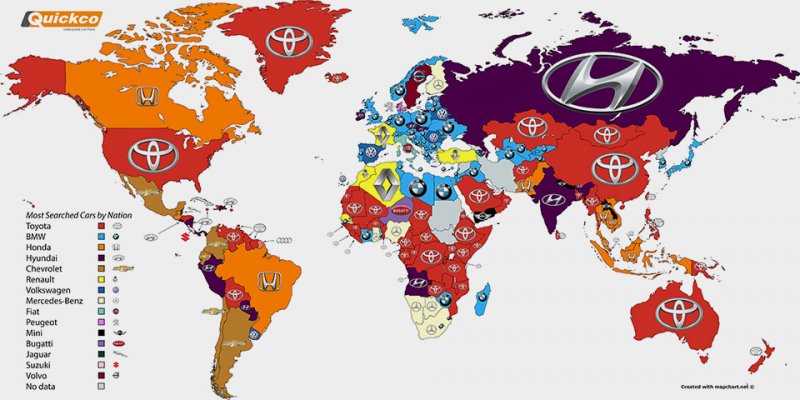 Второе место по частоте запросов досталось BMW — немецкая марка заняла первое место в 51 стране. Третья строчка за компанией Hyundai, чье название чаще всего вбивали в строку поиска в 17 странах, в том числе в России.