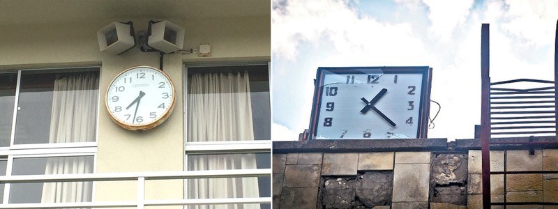 Особенная часть городского пейзажа — застывшие часы на школе в городе Томиока (Фукусима) и на бассейне «Лазурный» в Припяти. Время на часах справа не случайно: 1 час 23 минуты ночи — время аварии на ЧАЭС 