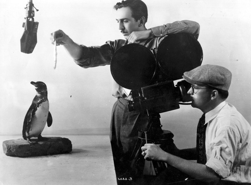 Уолт Дисней с помощью рыбы пытается вовлечь пингвина в съемку, работа над короткометражной мультипликационной картиной "Странные пингвины", 1934 год  