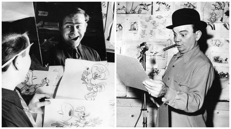 Мультипликатор в калифорнийской студии Уолта Диснея, 1946 год, и певец Клифф Эдвардс во время озвучивания мышонка Тимоти в мультфильме "Дамбо", 1941 год 