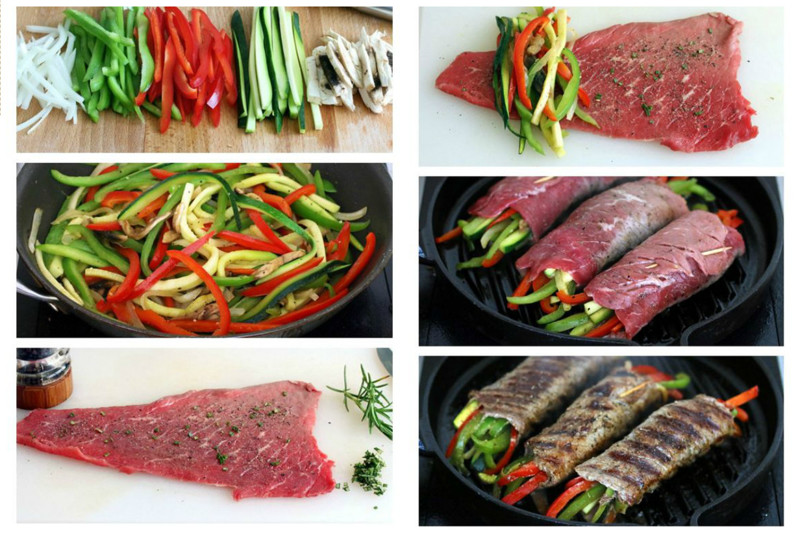 Мясо с овощами - принцип тот же - нарезать, можно отбить, завернуть, обжарить