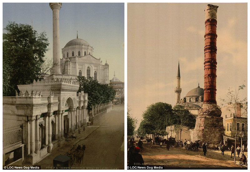 Слева - мечеть Пертевниял Валиде-султан, окрестности Аксарая, Константинополь. Справа -  "обожженная колонна" (главный символ Византийской империи, колонна Константина, 330 г. н. э.) на площади Чемберлиташ
