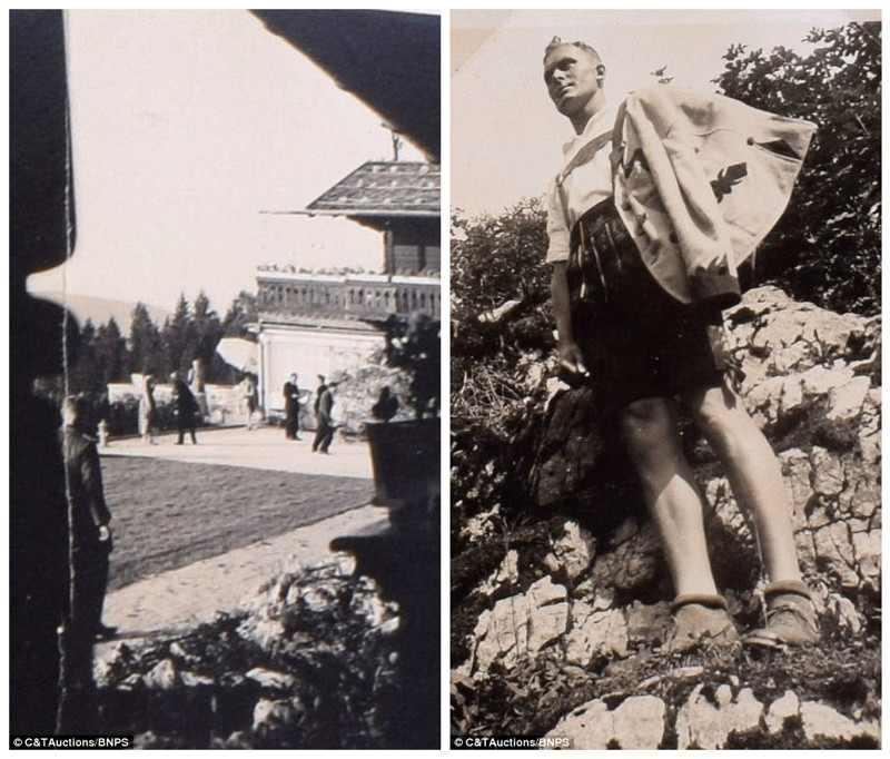 Сад и площадка для прогулок на территории Бергхофа (слева), мужчина в национальных баварских кожаных штанах "ледерхозен" на прогулке в горах рядом с резиденцией (справа) 