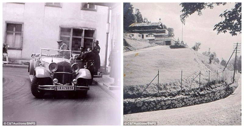 Герман Геринг садится в автомобиль (слева), въезд в резиденцию Гитлера Бергхоф (справа)