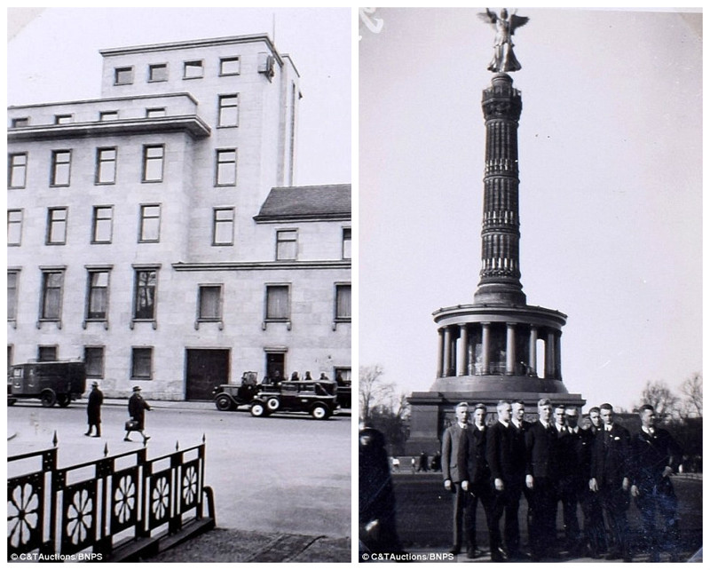 Пример артитектуры Третьего рейха (слева), группа нацистов на фоне колонны Победы в Берлине (справа)