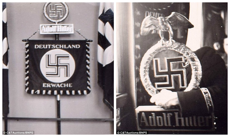 Штандарт полка СС "Германия, пробудись!" (слева), статуя имперского орла со свастикой и надписью "Адольф Гитлер" (справа)