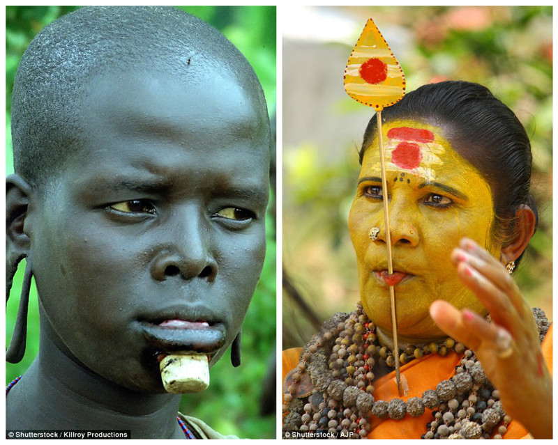 Слева - африканка с растянутыми ушными мочками и жестким пирсингом нижней губы. Справа - самопровозглашенная "женщина-бог" с языком, проткнутым маленьким деревянным копьем, на фестивале Пурам (Керала, Индия)