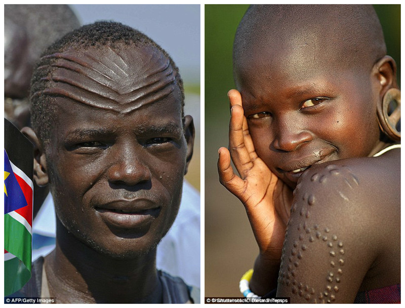 Слева - африканец (район Абьей, Судан) со шрамированием на лбу. Справа - эфиопская девушка (Южный Омо) со шрамированием на плече 