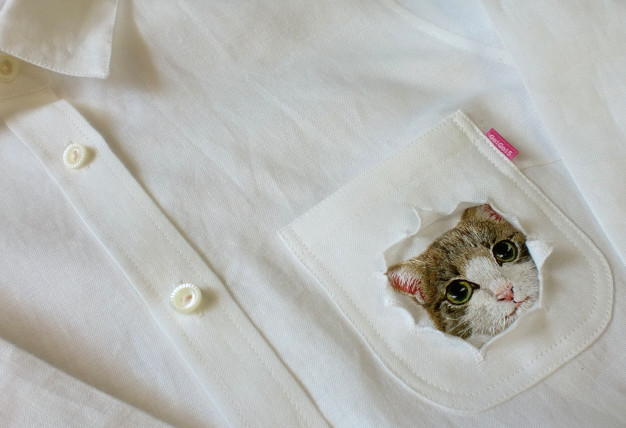 Искусная вышивальщица подсаживает котиков в карманы своего сына