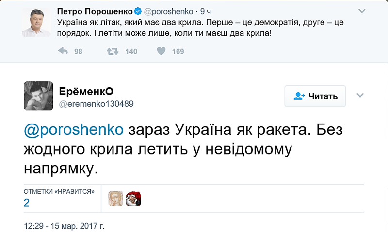 В Twitter высмеяли Порошенко, сравнившего Украину с самолетом