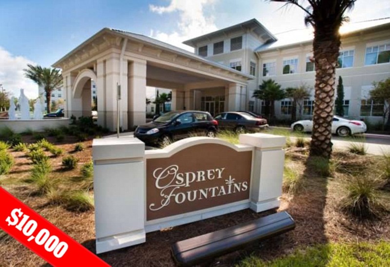 Корпус Osprey Fountains Университета Северной Флориды снаружи выглядит как элитный отель 