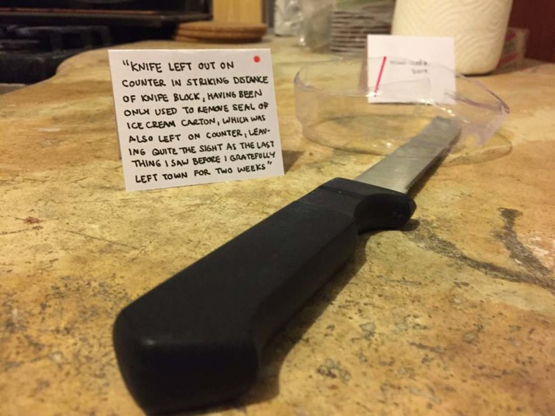  ”Нож, оставленный на столе на в огромном отдалении от подставки для ножей и использованный лишь для того, чтобы снять пломбу с упаковки мороженого,