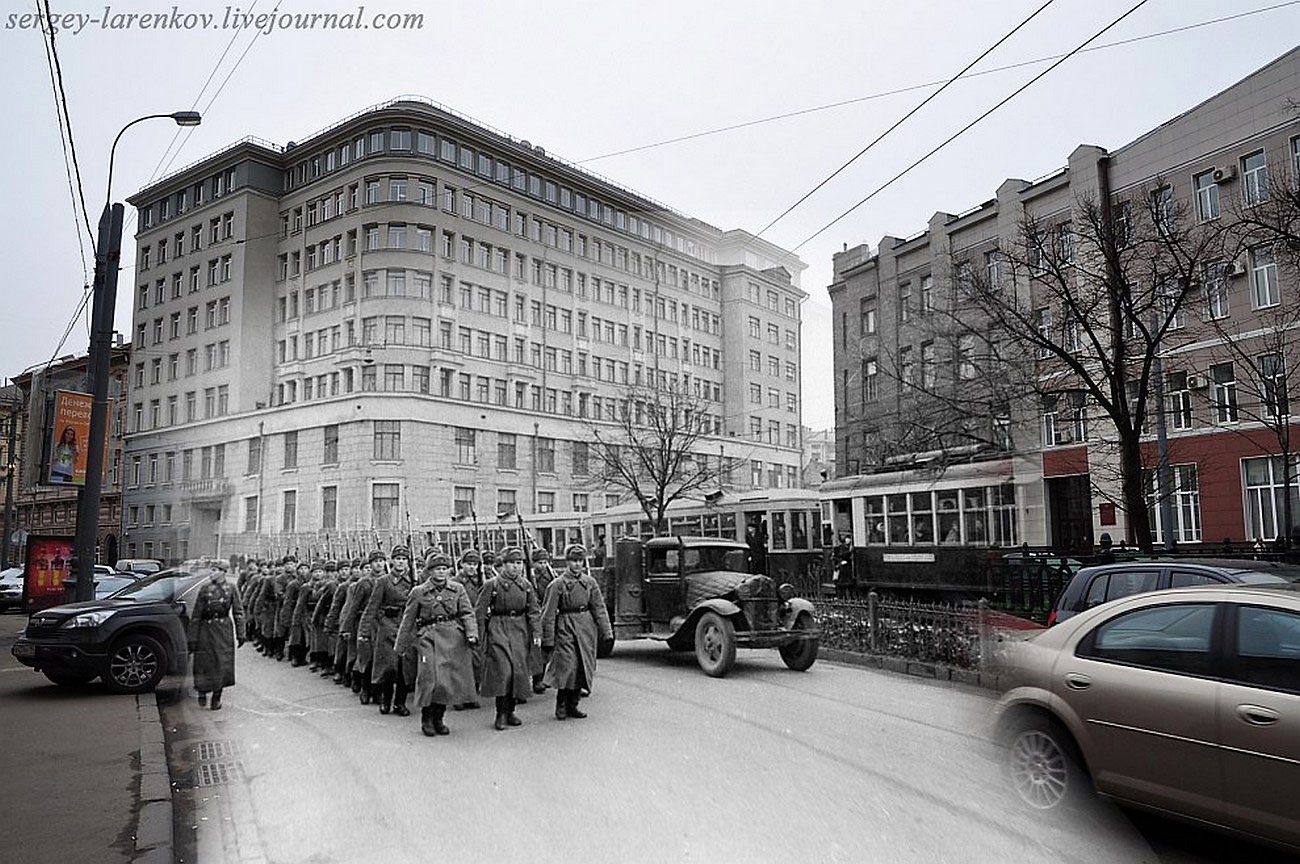 Связь времен найти. Москва 1941 Петровка 38. Москва связь времен. Улицы Москвы 1941 года. Москва 1941 и сейчас.