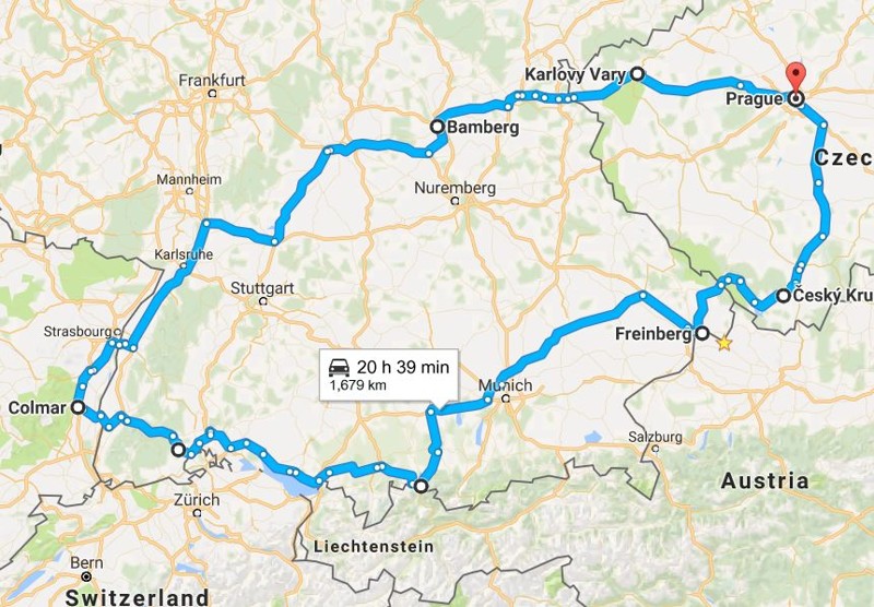 Летом 2015 года мы совершили поездку на мотоцикле по Европе.Месяц в пути,почти 2.000 километров,четыре страны(Чехия,Германия,Франция и Австрия),гостиницы и кемпинги.Наш маршрут выглядел примерно так:
