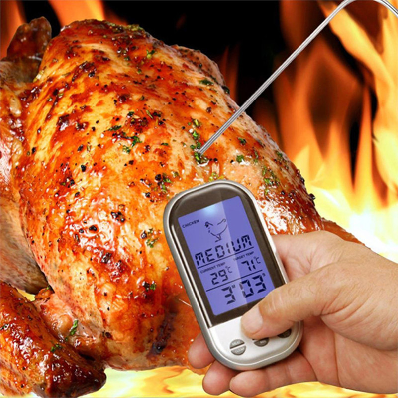 2. Электронный термометр для мяса, который показывает температуру, время готовки и уровень прожарки. Есть док станция