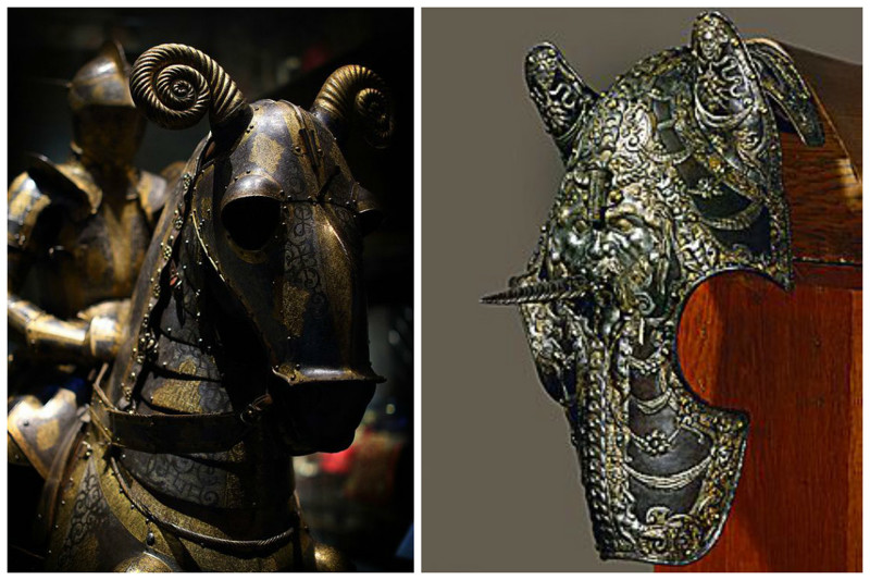 Броня, Швеция, шестнадцатый век  и Шлем для лошади с рогом единорога из Фарнезе, Италия