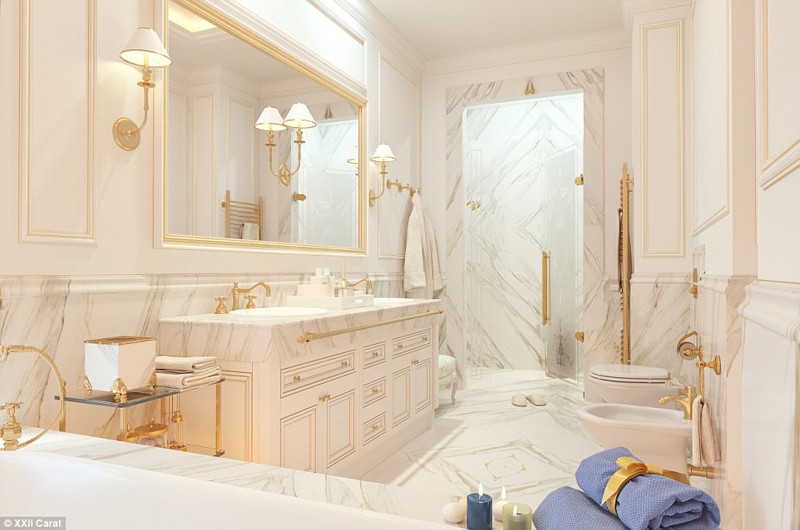 Мраморная облицовка других ванных комнат делает их не менее роскошными 
