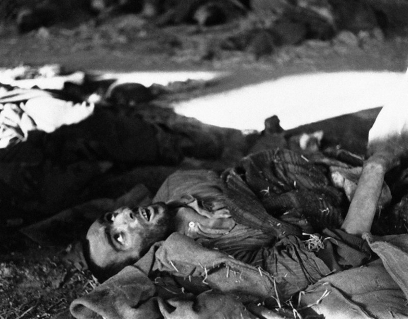 Умирающие  заключенные, ставшие жертвами голода и невероятной  жестокости, в лагере Нордхаузен в Германии 18 апреля 1945  года.