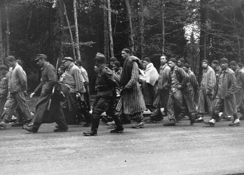 Заключенных в  Дахау ведут в южном направлении вдоль Noerdliche Muenchner  улице в Грюнвальд, Германия, 29 апреля 1945 года