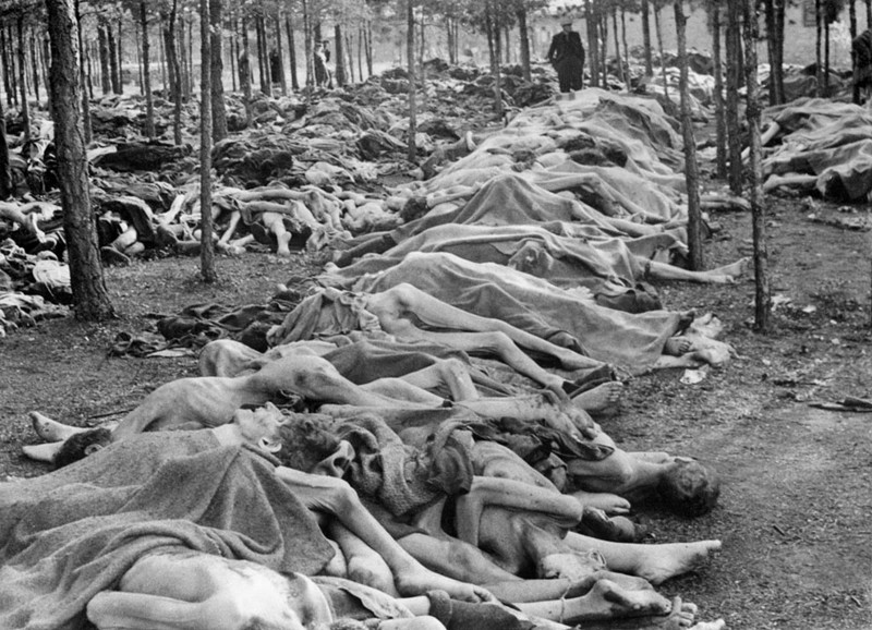 Трупы сваленные  в Берген- Бельзен концлагере после того как британские войска  освободили лагерь 15 апреля 1945 года. Британцы обнаружили  60 000 мужчин, женщин и детей, умерших от голода и болезней.