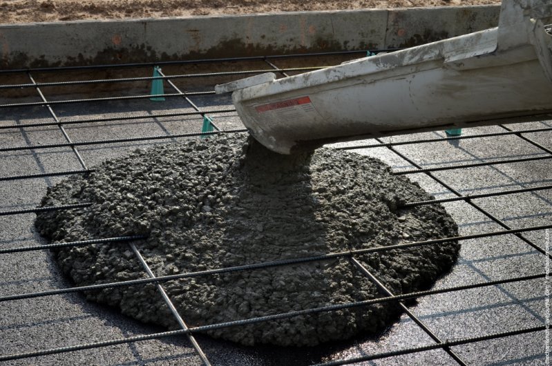 Разгрузка бетонной смеси из миксера происходит прямо на асфальт, который предварительно увлажняется. Виброукладчик выравнивает бетон по уровню опалубки. Процесс не требует наличия большого штата рабочих. 