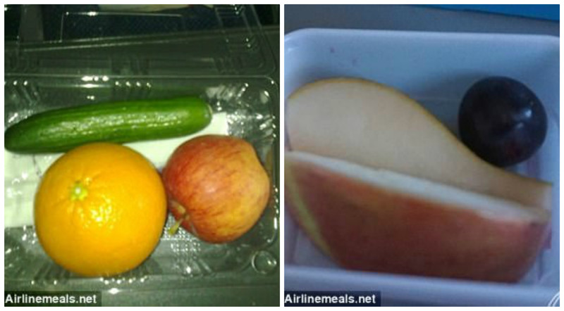 Здоровый рацион: 1 – апельсин и яблоко, венчает композицию огурчик; 2 – фруктовый салат из двух кусочков яблока и виноградинки