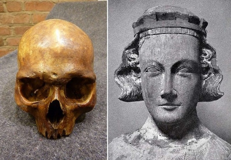 Справа самое древнее скульптурное изображение Эрика Святого, слева его череп. Видны следов двух заживших ранений, согласно одному из жизнеописаний, он получил их в крестовом походе в Финляндии.