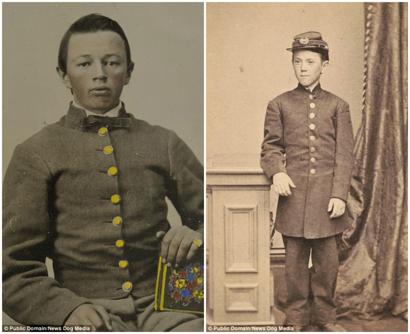 Портрет молодого солдата армии Конфедерации (слева). Справа - маленький барабанщик Джимми Дойл, раненый во время сражения в 1863 году в штате Коннектикут