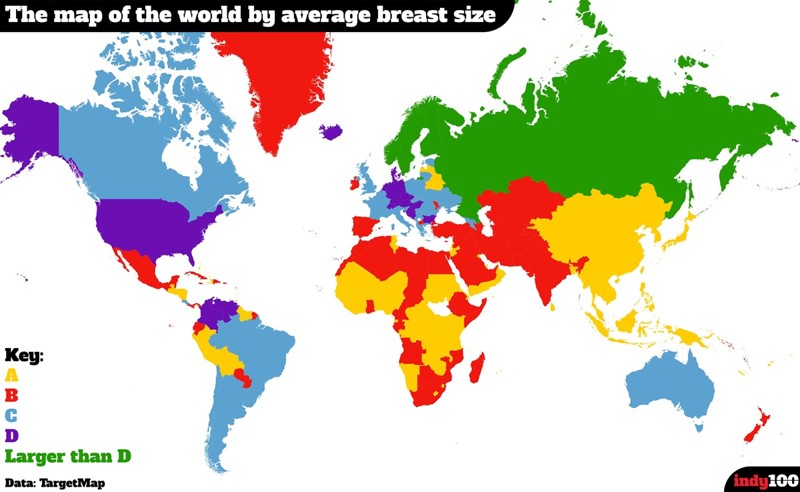 Карта мира, построенная в соответствии с преобладающим в каждой стране размером груди