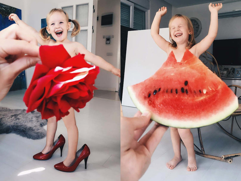 Маленькая девочка и её мама создают забавные воображаемые платья из еды и цветов