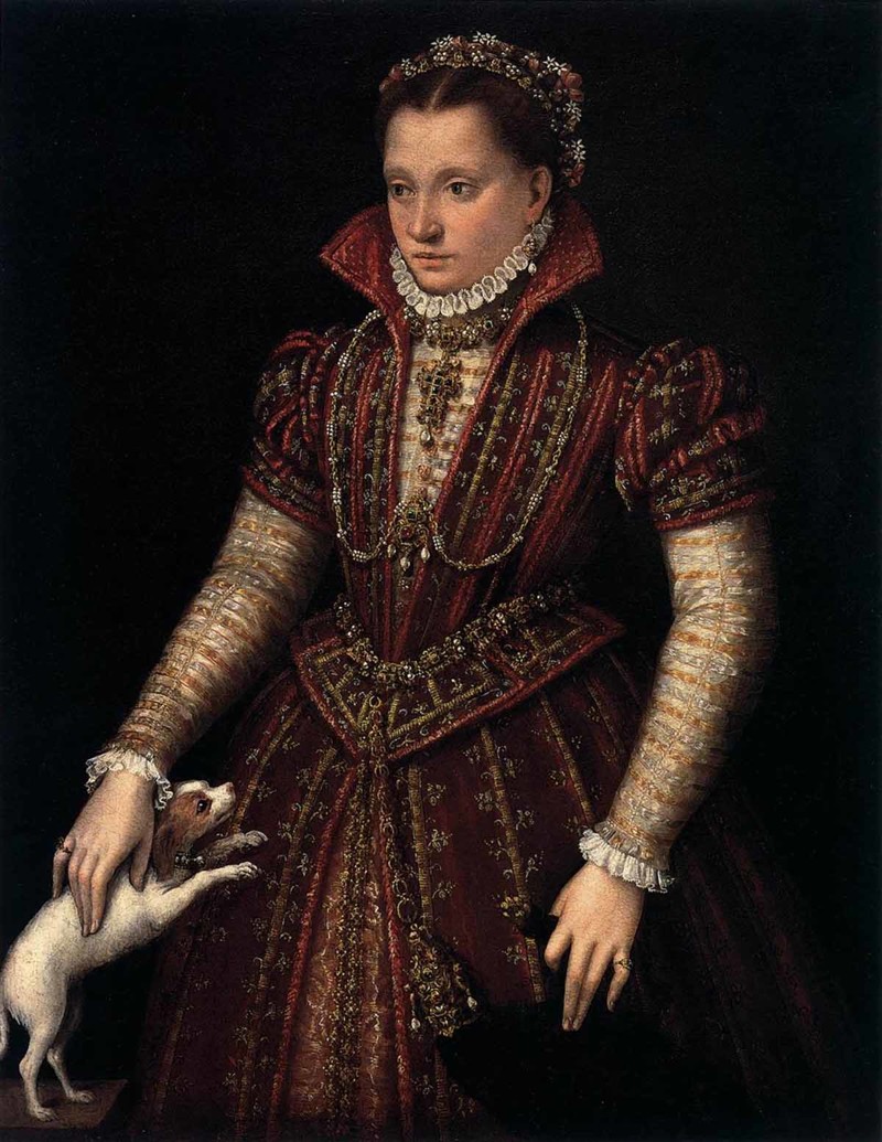 На картине, написанной Лавинией Фонтана около 1580 года, юная болонская дворянка, которая только что вышла замуж