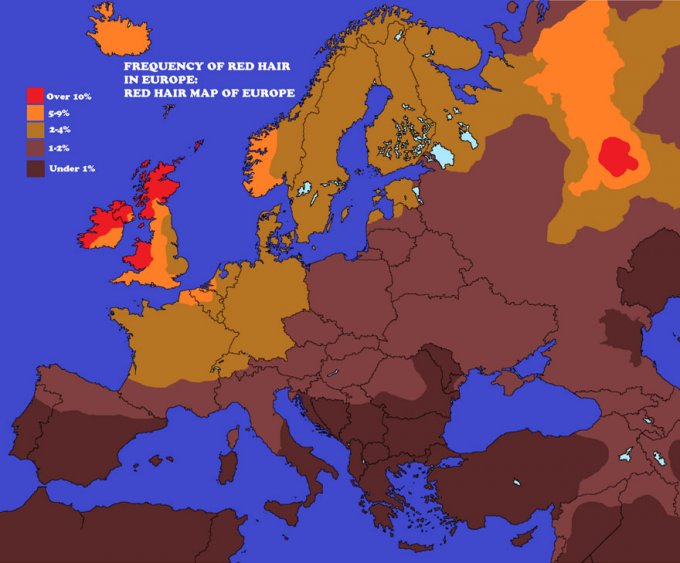 Распределение рыжеволосых по странам Европы