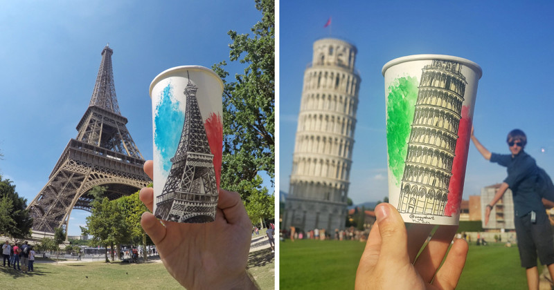 Художник-путешественник создает произведения искусства на бумажных стаканчиках