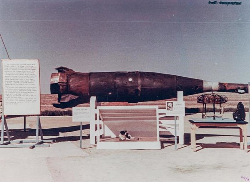 Головная часть ракеты Р–5А и собака Пестрая после спуска, 27 августа 1958 года, Полигон Капустин Яр