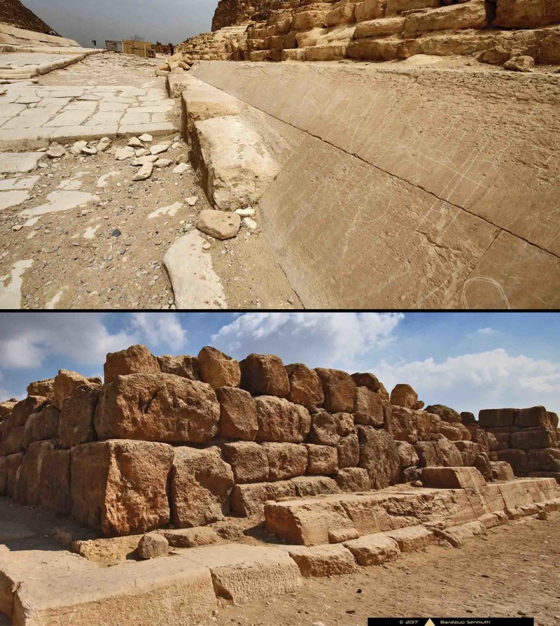 Нестесанная облицовка пирамиды спутницы и мастабы в Гизе