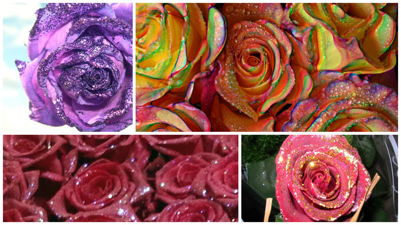 Если уж непременно хочется видеть блестки на цветах, просто достаточно попросить посыпать ими выбранные свежие розы. 